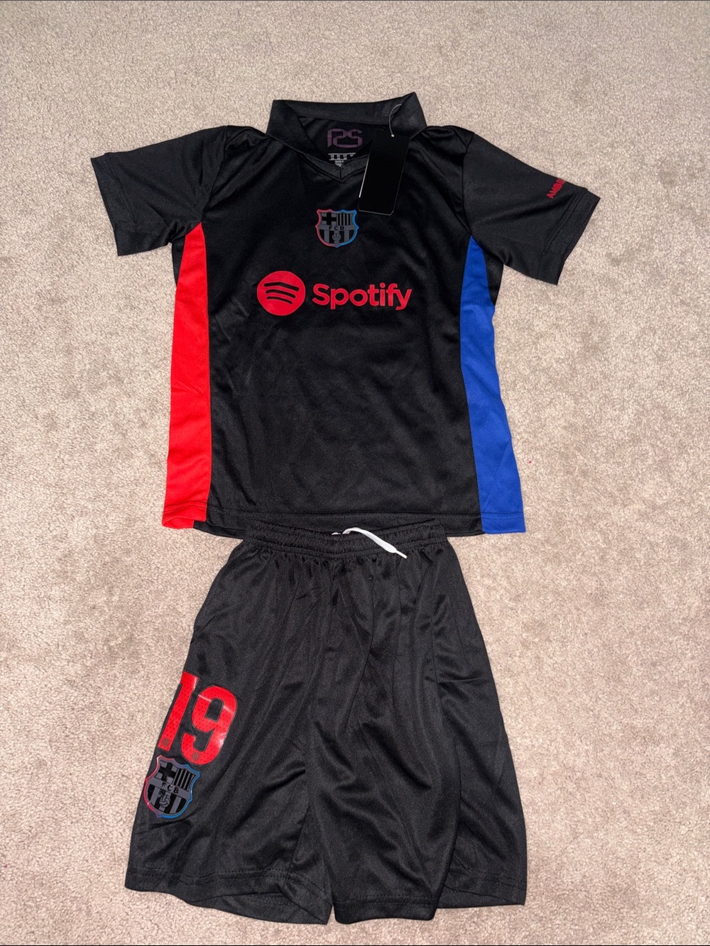 Kids Black FC Barcelona Spotify Soccer Set - Shirt & Shorts